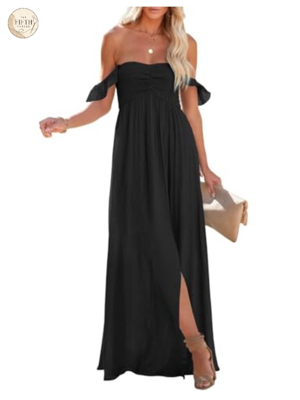 Women's Smocked Off Shoulder Maxi Dress Ruffle Short Sleeve A Line Side Slit